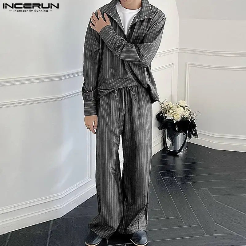 Fashion Casual Style Sets INCERUN 2024 New Men's Long Sleeved Shirts Pants Casual Streetwear Striped Lapel Two-piece Sets S-5XL