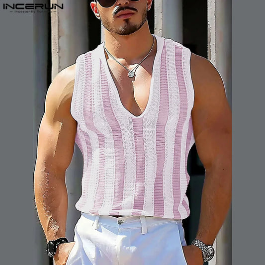 INCERUN Tops 2024 American Style Mens Striped Texture Sleeveless Vests Summer Casual Streetwear Male Hot Selling Tank Tops S-5XL