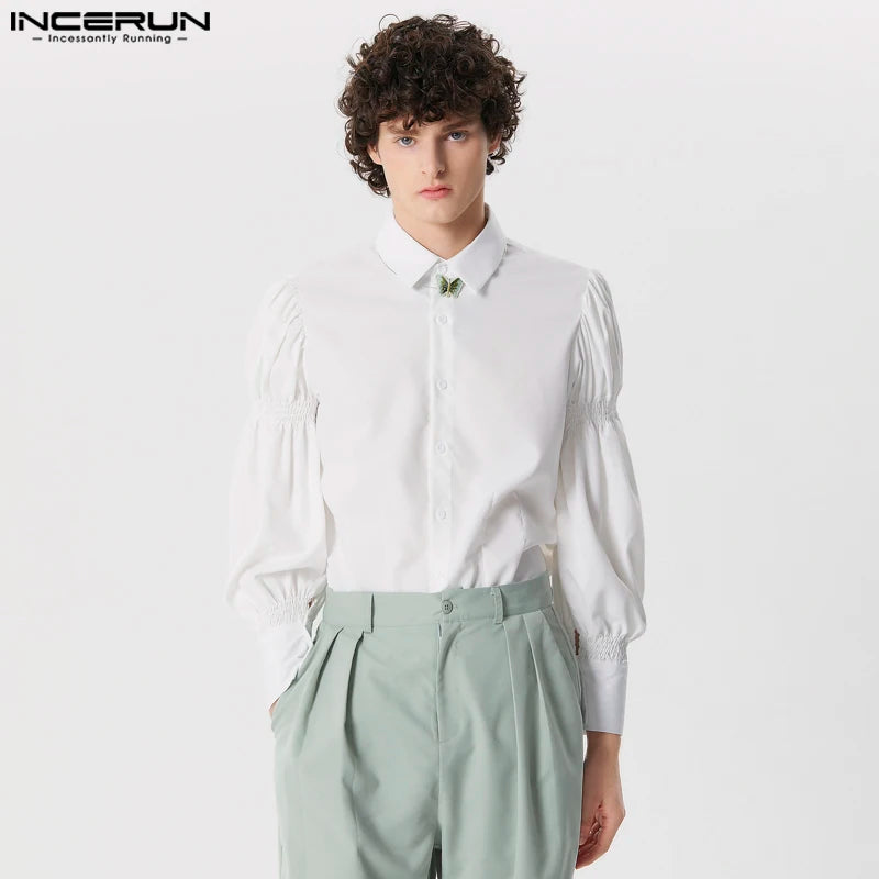 INCERUN Tops 2024 American Style New Men Solid Puff Sleeve Shape Blouse Fashion Party Shows Male Loose Long-sleeved Shirts S-5XL