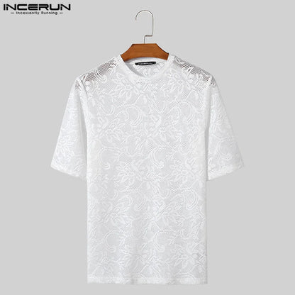 INCERUN Tops 2024 American Style Fashion New Men's Lace Jacquard Design T-shirts Casual Male O-neck Short Sleeved Camiseta S-5XL