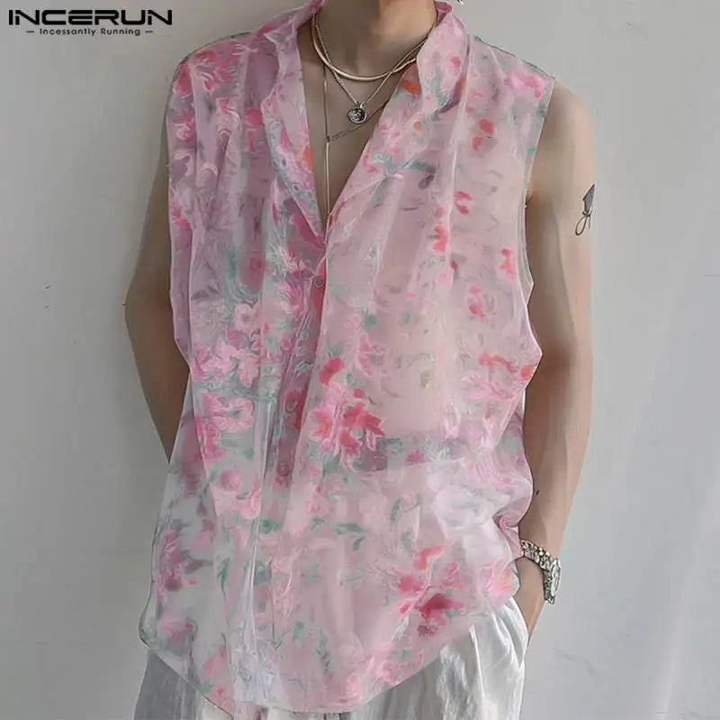 INCERUN Tops 2024 Korean Style Men's Sexy Froral Print Perspective Shirts Casual Streetwear Personality Sleeveless Blouse S-5XL