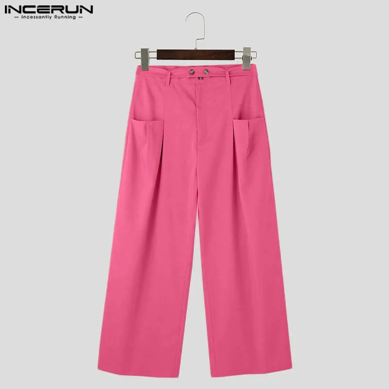 INCERUN 2024 Korean Style Pantalons Fashion Men's Mixed Color Straight Leg Pant Casual Streetwear Male High Waist Trousers S-5XL