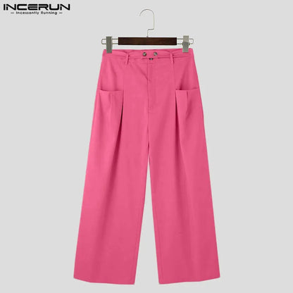 INCERUN 2024 Korean Style Pantalons Fashion Men's Mixed Color Straight Leg Pant Casual Streetwear Male High Waist Trousers S-5XL