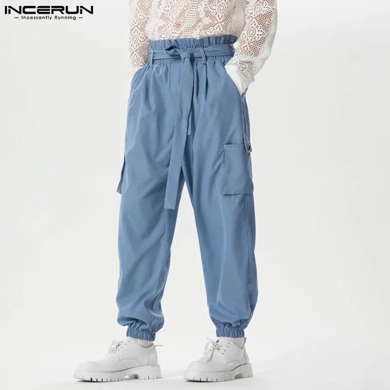 INCERUN 2024 American Style New Men Long Pants Strap Pocket Design Trousers Male Solid Simple Leisure Streetwear Pantalons S-5XL