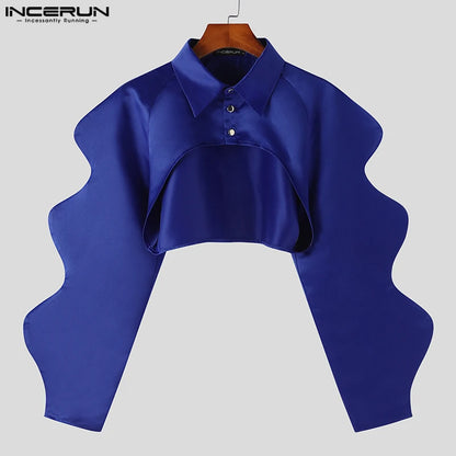 Men Irregular Shirt Lapel Long Sleeve Solid Color Button Fashion Sexy Male Crop Tops Loose Streetwear 2023 Camisas 5XL INCERUN 7