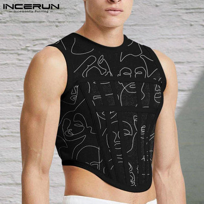 Männer Tank Tops Mesh Patchwork 2023 Rundhals Ärmelloses Durchsichtig Sexy Westen Streetwear Party Nachtclub Männer Crop Tops INCERUN