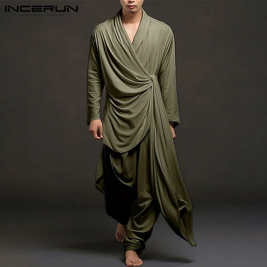 INCERUN 2024 Koreanische Stil Männer Einfache Elegante Sets Freizeit Unregelmäßige Solide Lange Ärmeln Tops Hosen Streetwear Anzug 2 Stück S-5XL