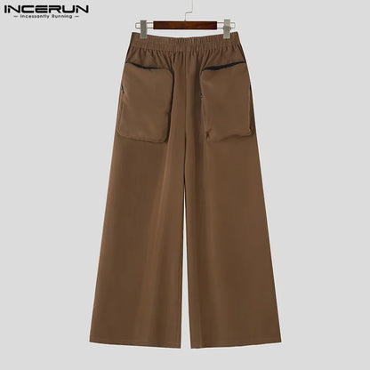 INCERUN 2024 American Style Pantalons Stylish Mens Double Pocket Loose Wide Leg Pant Male Streetwear Casual Solid Trousers S-5XL