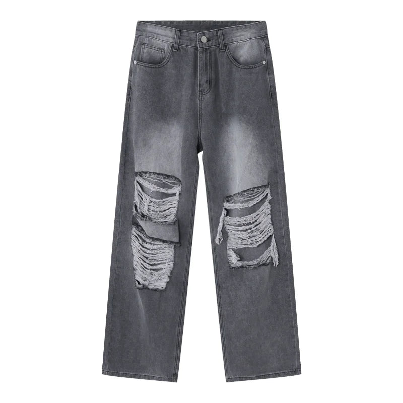 HOUZHOU Harajuku Ripped Jeans Men Wide Leg Pants Oversize Hip Hop Darkwear Denim Trousers Male Casual Japanese Streetwear Hole