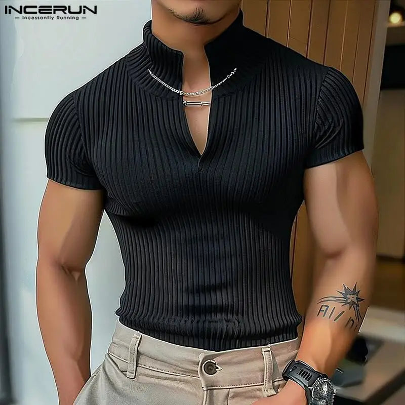 INCERUN Tops 2024 Korean Style New Men Knitted Half High Neckline Chain T-shirts Casual Simple Male Short Sleeved Camiseta S-5XL