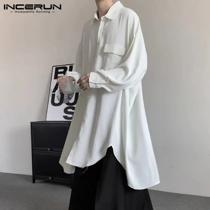 INCERUN Tops 2024 Korean Style Handsome New Mens Irregular Hem Mid Length Shirts Casual Streetwear Male Solid Loose Blouse S-5XL