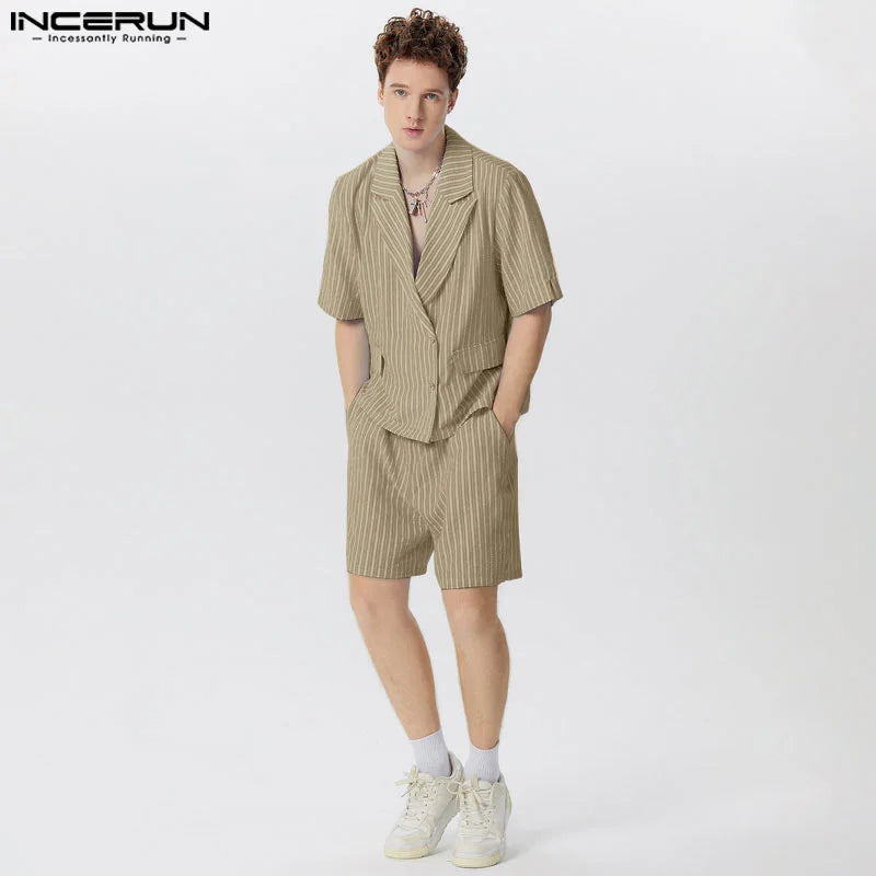 INCERUN 2024 American Style Sets Stylish Handsome Men Bubble Striped Cropped Suit Shorts Casual Simple Male Two-piece Sets S-5XL