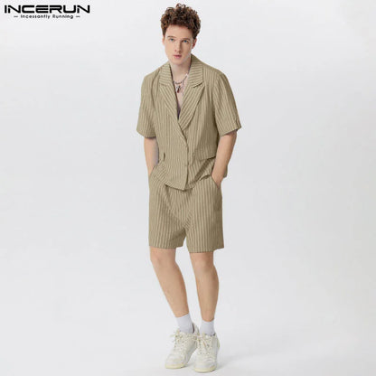 INCERUN 2024 American Style Sets Stylish Handsome Men Bubble Striped Cropped Suit Shorts Casual Simple Male Two-piece Sets S-5XL