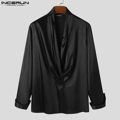 INCERUN Tops 2023 Amerikanischer Stil Mode Herren Swing Kragen Satin Blazer Lässig Solide Bequeme Langarm Anzug Mäntel S-5XL