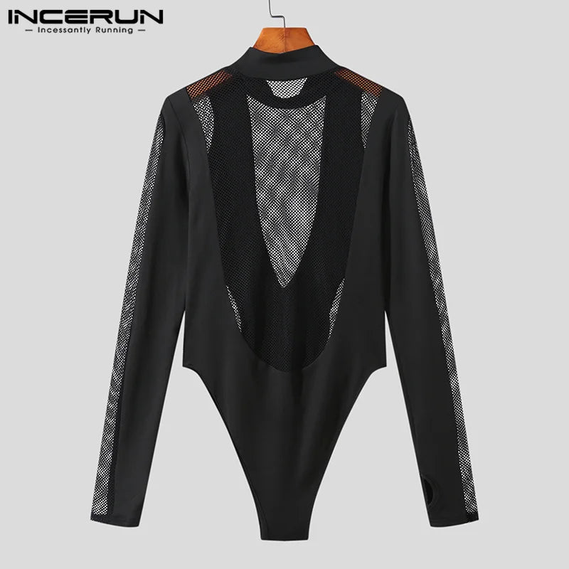 Men Bodysuits Mesh Patchwork Transparent Turtleneck Long Sleeve Rompers Men T Shirt 2023 Sexy Fitness Party Bodysuits INCERUN