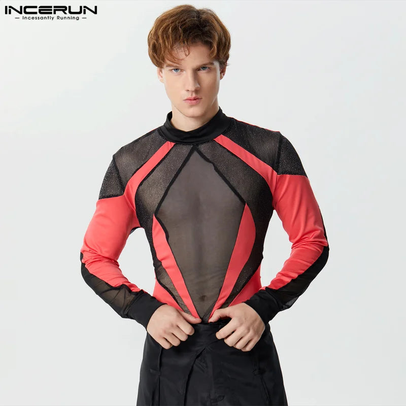 INCERUN 2024 Sexy Style Jumpsuits Neue Herren Stilvolle Mesh Große Diamant Patchwork Strampler Lässig Dünne Langarm Bodys S-3XL