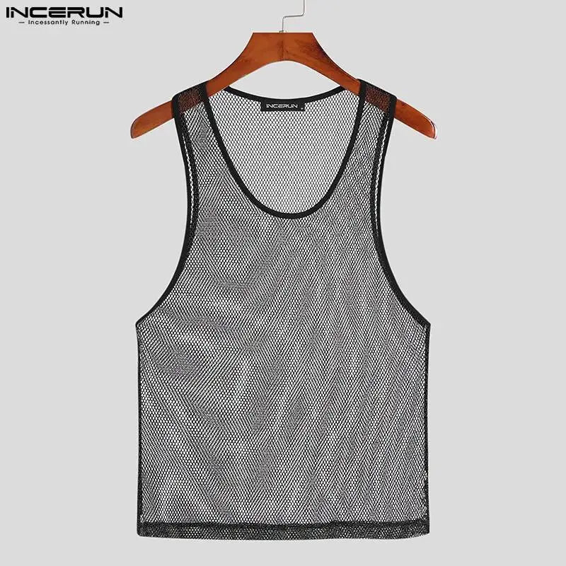 INCERUN Men Tank Tops Mesh Patchwork O-neck Sleeveless Transparent Vests Men Streetwear 2023 Fitness Fashion Sexy Party Tops 5XL