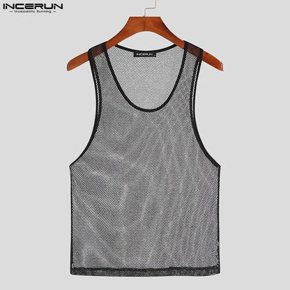 INCERUN Männer Tank Tops Mesh Patchwork Oansatz Ärmellose Transparente Westen Männer Streetwear 2023 Fitness Mode Sexy Party Tops 5XL