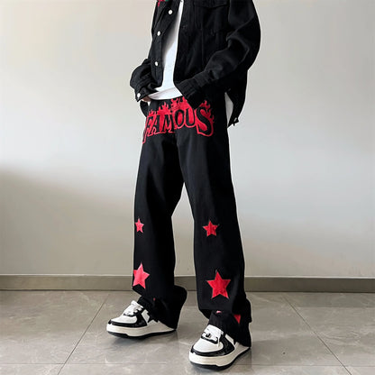 HOUZHOU Y2K Jeans Men Embroidery Denim Pants Star Red Print Black Trousers Male Streetwear Hip Hop Casual Vintage Plus Size 4XL