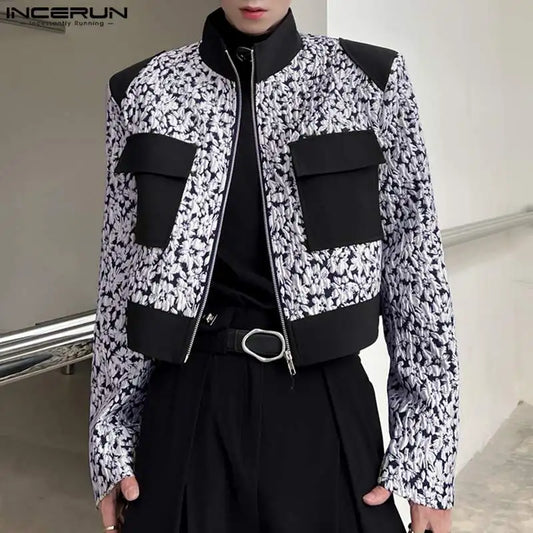 2023 männer Jacken Drucken Patchwork Stehkragen Langarm Crop Mäntel Männer Streetwear Zipper Herbst Mode Casual Jacken INCERUN