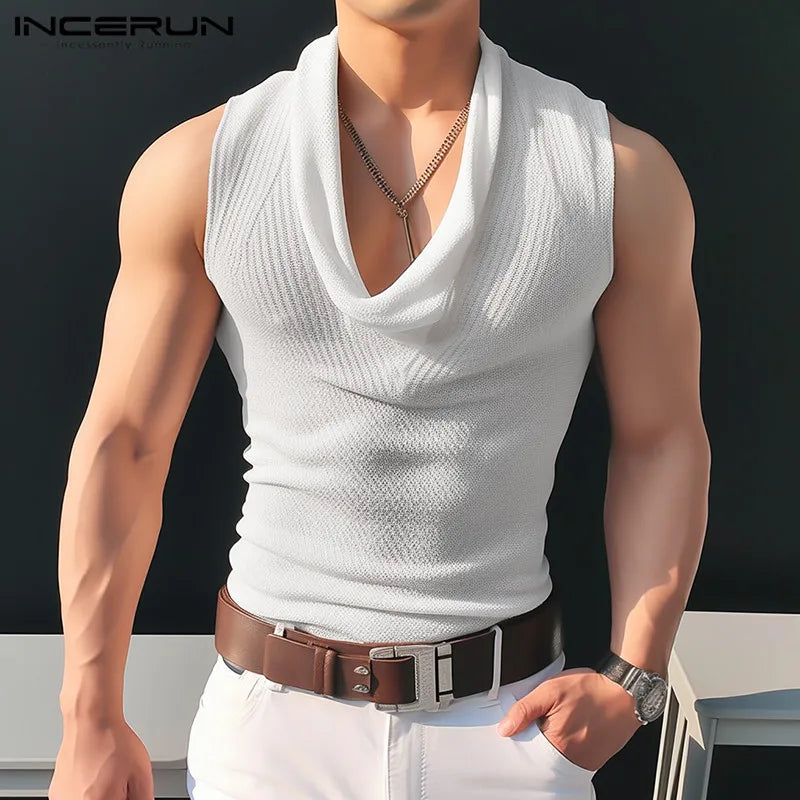 INCERUN Tops 2024 Fashionable Men's Pile Up Collar Knitted Solid Color Vests Leisure Streetwear Thin Sleeveless Tank Tops S-5XL