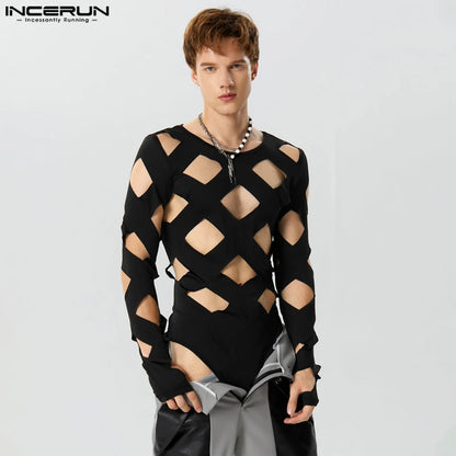 INCERUN 2023 Sexy Solid New Men Bodysuits Hollow Diamond Design Rompers Fashion Male Homewear O-Neck Long Sleeve Jumpsuits S-3XL