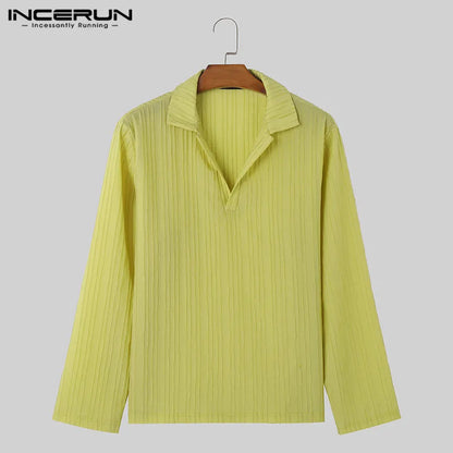 INCERUN Tops 2024 Korean Style New Mens Vertical Striped Texture Shirts Casual Simple Male Solid Color Long Sleeved Blouse S-5XL