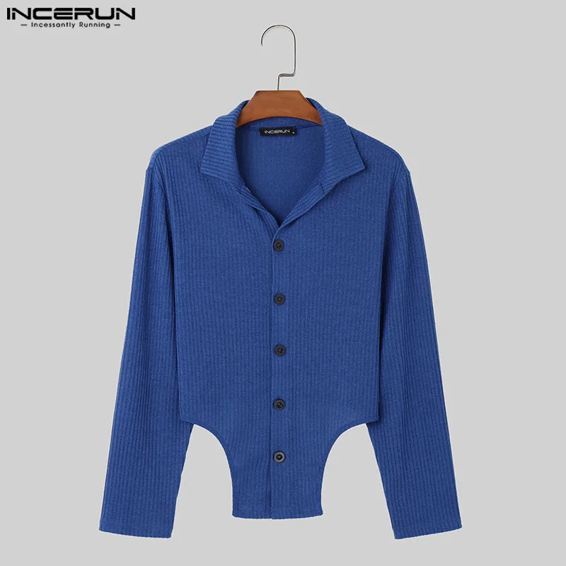 Fashion Casual Style Tops INCERUN New Men's Knitted Striped Irregular Hem Shirts Male Sexy Solid Color Long Sleeved Blouse S-5XL