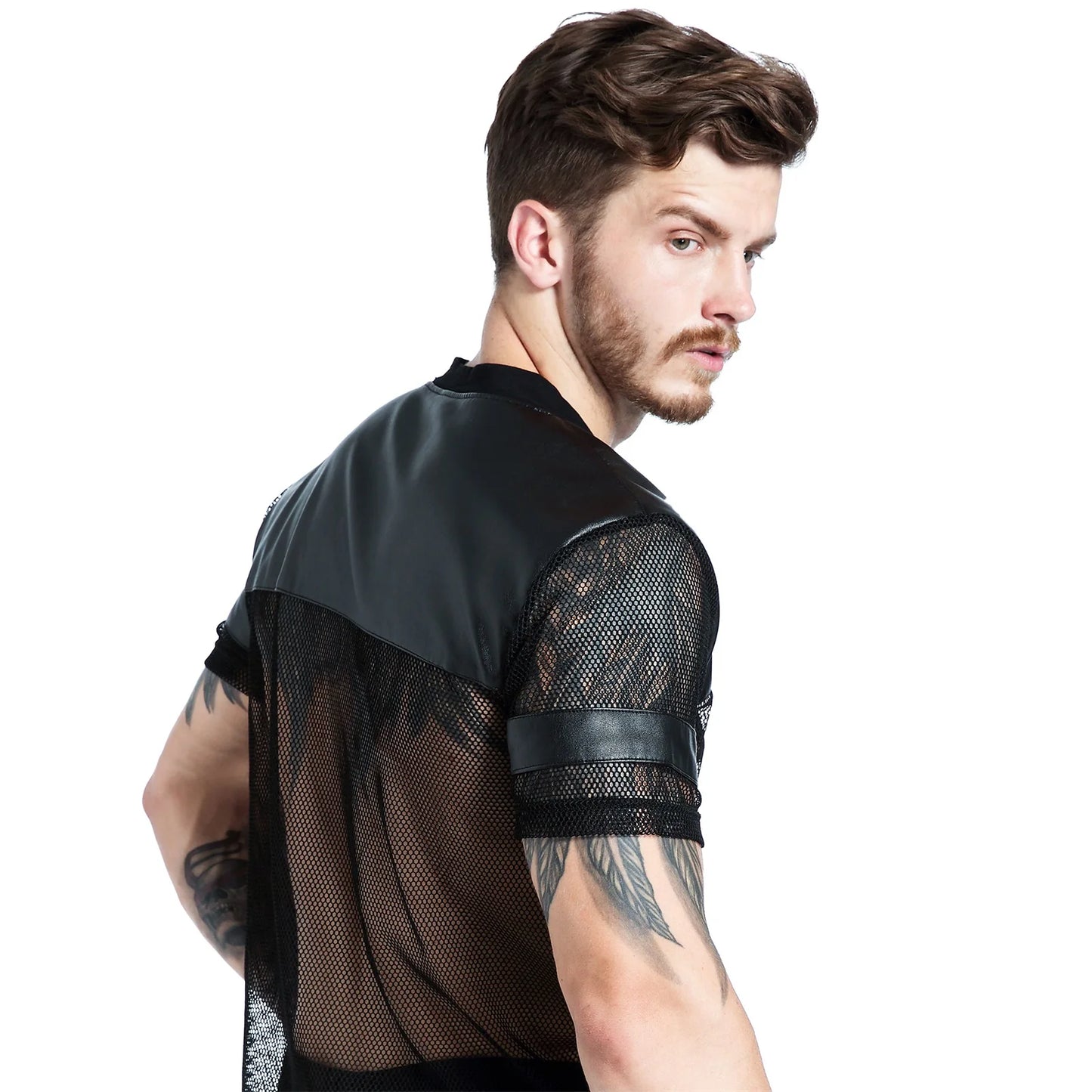 CLEVER-MENMODE Sexy Herren Netz-T-Shirt PU Kunstleder Mesh Shirts Durchsichtige Tops T-Shirt Transparent Kurzarm Bühnen-Clubwear