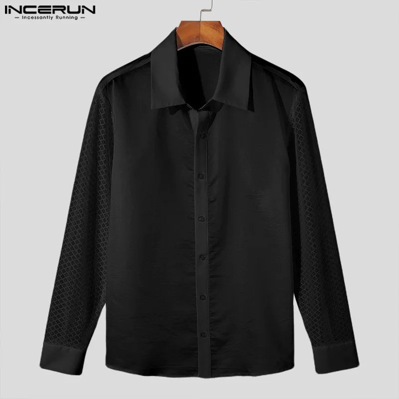 INCERUN Tops 2024 American Style Fashion Men's Mesh Splicing Hollow Slightly Transparent Shirts Casual Long Sleeved Blouse S-5XL