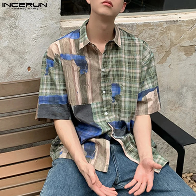 Fashion Casual Style Tops INCERUN 2024 Men's Striped Checkered Printed Shirts Summer Streetwear Short Sleeved Lapel Blouse S-5XL