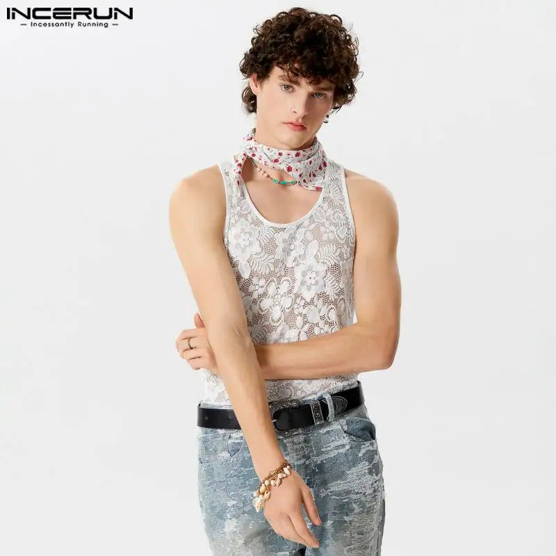 INCERUN Tops 2024 American Style Men's Hollow Lace Print Design Vests Casual Simple Male Comfortable Sleeveless Tank Tops S-5XL