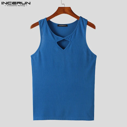 INCERUN Tops 2024 Korean Style New Men's Hollow Knitted Tight Vests Casual Streetwear Solid All-match Sleeveless Tank Tops S-5XL