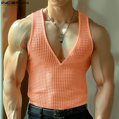 INCERUN Tops 2024 Koreanische Stil Männer Sexy Hohl V-ausschnitt Westen Casual Streetwear Sommer Männlichen Heißer Verkauf Ärmellose Tank Tops S-5XL