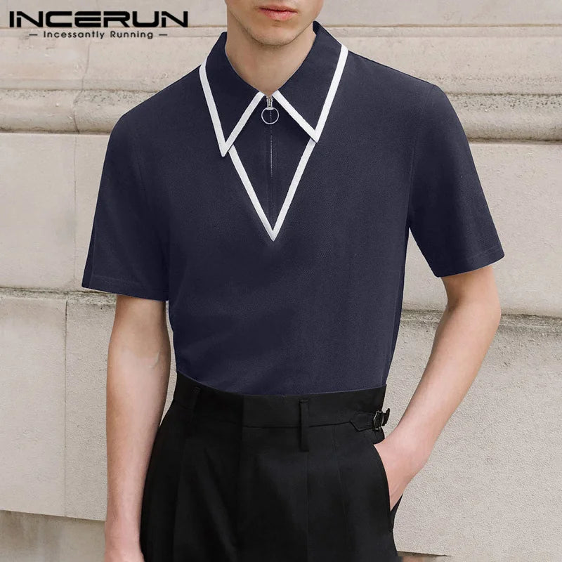 INCERUN Tops 2024 American Style Fashion Men's Line Splicing Lapel Design Shirts Summer Casual Short Sleeved Zipper Blouse S-5XL