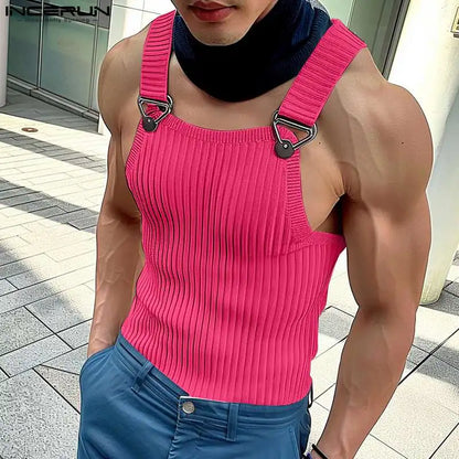 INCERUN Tops 2024 Korean Style New Men's Knitted Pit Strap Vests Summer Casual Streetwear Personality Sleeveless Tank Tops S-5XL