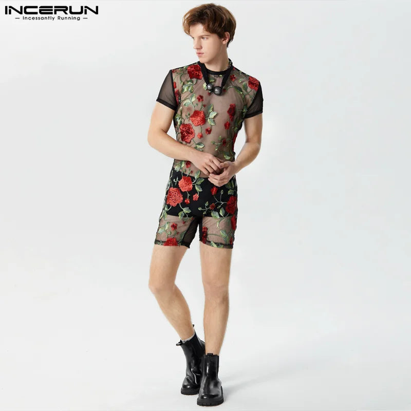 INCERUN 2024 American Style Sexy New Men Homewear Jumpsuits Perspective Thin O-Neck Flower Printing Short Sleeve Bodysuits S-3XL