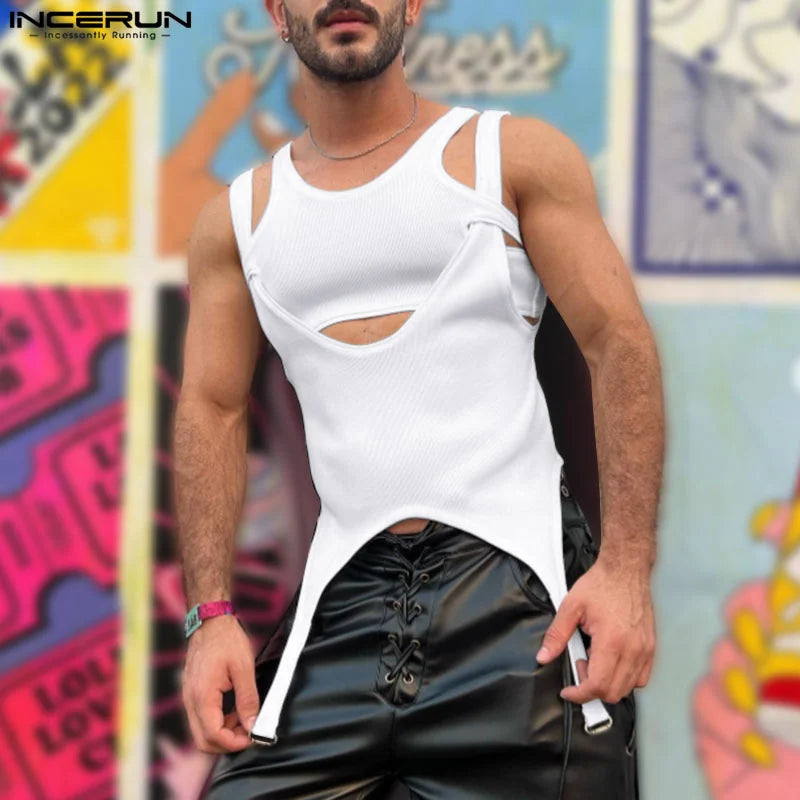 INCERUN Tops 2024 Amerikanischer Stil Mode Herren Unterhemden mit unregelmäßigem Saum Lässiges Dekonstruktionsdesign Einfarbige ärmellose Tanktops S-5XL