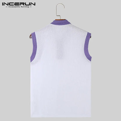 INCERUN Tops 2024 Koreanischen Stil Herren Gestrickte Kontrast Farbe Design Westen Casual Streetwear Männlichen Ärmelloses Revers Tank Tops S-5XL