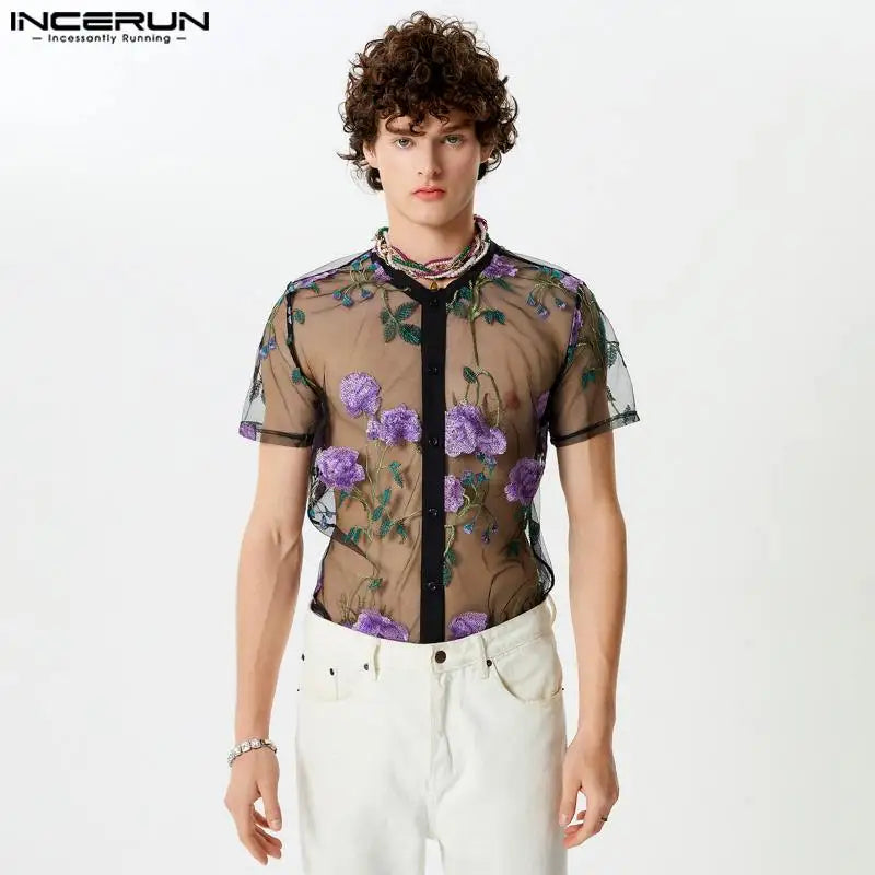 INCERUN Tops 2024 Amerikanischer Stil Stilvolle Neue Herren Rose Jacquard Durchsichtige Hemden Sexy Heißer Verkauf Dünne Kurzarm Bluse S-5XL