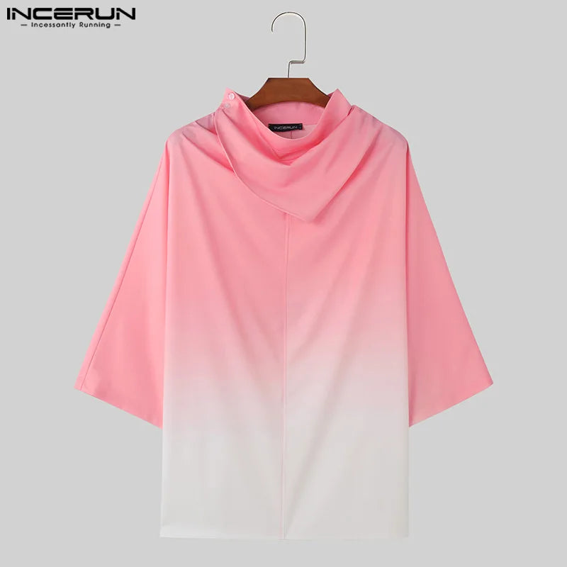 INCERUN Tops 2024 Korean Style Mens High Pile Collar Design T-shirts Fashion Gradient Color Three Quarter Sleeved Camiseta S-5XL