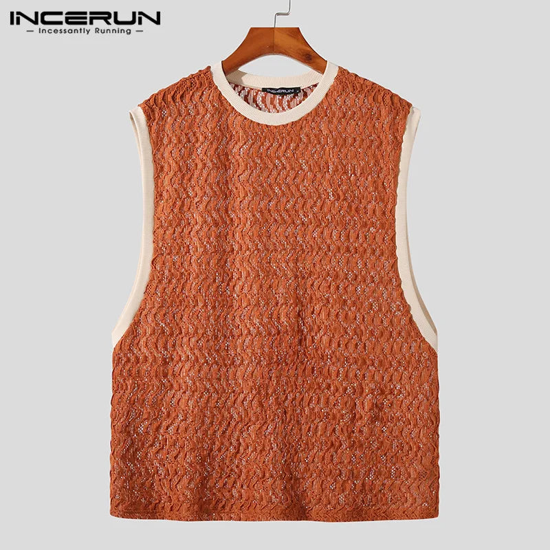 2023 Men Tank Tops Patchwork Mesh Transparent Lace Streetwear O-neck Sleeveless Vests Sexy Fashion Men Clothing S-5XL INCERUN 7