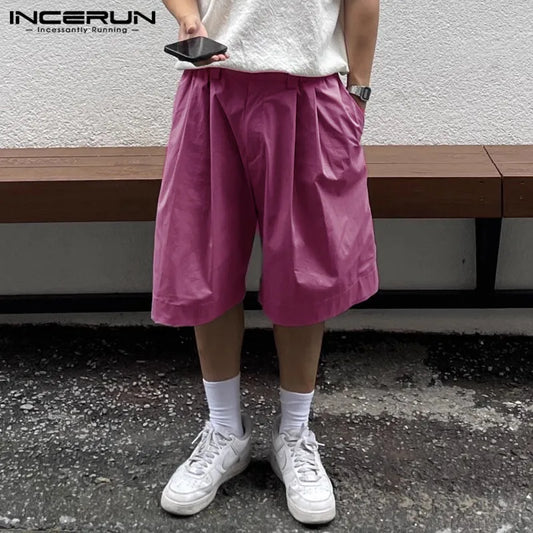 INCERUN 2024 Korean Style Men's Shorts Solid Color Cropped Shorts Casual Streetwear Hot Sale Summer Male All-match Shorts S-5XL