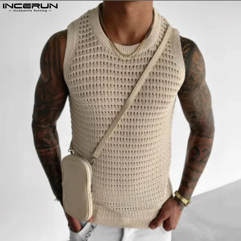 INCERUN Tops 2023 American Style Men Casual O-neck Breathable Mesh Tank Tops Stylish Male Solid All-match Sleeveless Vests S-5XL