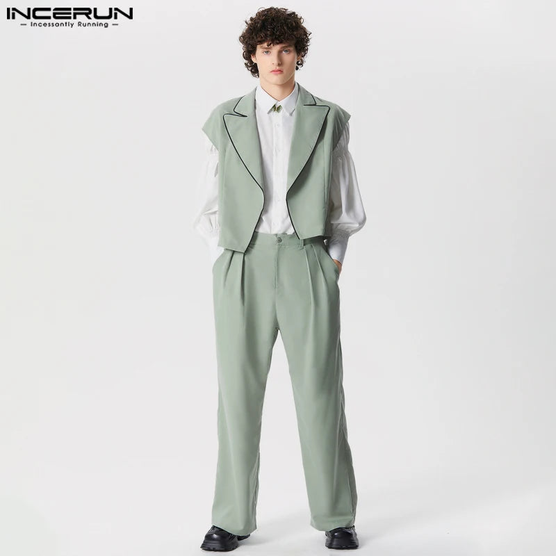 INCERUN Hommes Ensembles Couleur Unie Streetwear Revers Gilets Sans Manches Et Pantalons Droits Deux Pièces Ensembles 2024 Mode Hommes Costumes Décontractés