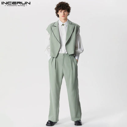 INCERUN Men Sets Solid Color Streetwear Lapel Sleeveless Vests & Straight Pants Two Pieces Sets 2024 Fashion Men's Casual Suits