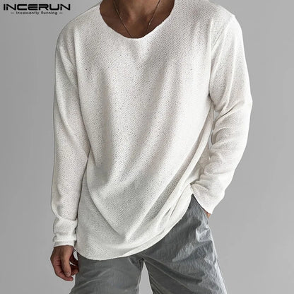 INCERUN Tops 2024 Korean Style Men's Loose Textured O-neck Design T-shirt Summer Casual Simple Solid Long Sleeved Camiseta S-5XL