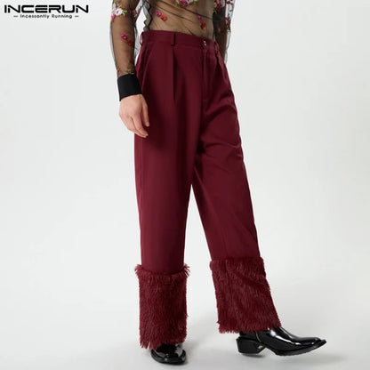 INCERUN 2024 American Style Mens Pantalons Personality Solid Patchwork Plush Long Pants Leisure Male Straight Leg Trousers S-5XL