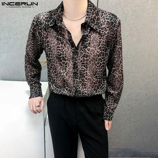 INCERUN Tops 2024 Korean Style Fashion New Men's Perspective Leopard Print Shirts Casual Clubwear Male Long Sleeved Blouse S-5XL