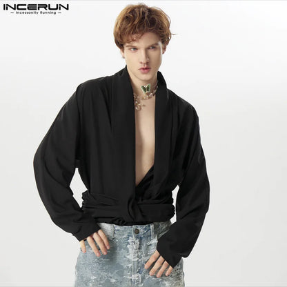 Männer Unregelmäßige Hemd Einfarbig Tiefem V-ausschnitt Langarm Casual Männer Kleidung Streetwear 2024 Sexy Mode Camisas S-5XL INCERUN